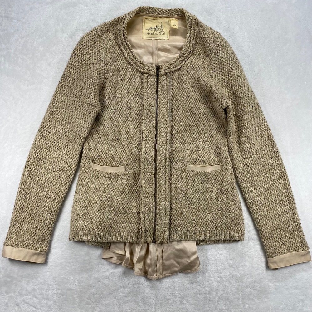 Angel of the North Knit‎ Tweed Jacket Ruffle Hem Full Zip Beige Small